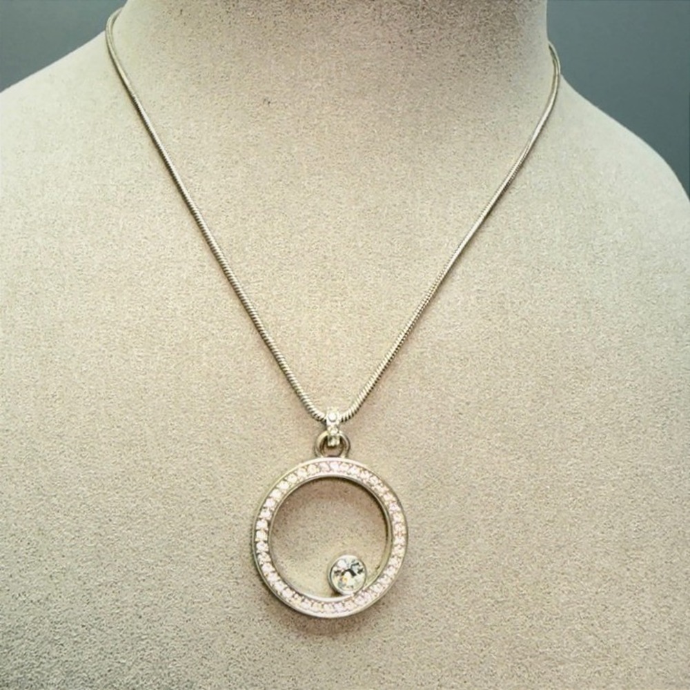 Brighton Crystal Circle Pendant Necklace 17" Adjustable Dainty Silver Tone